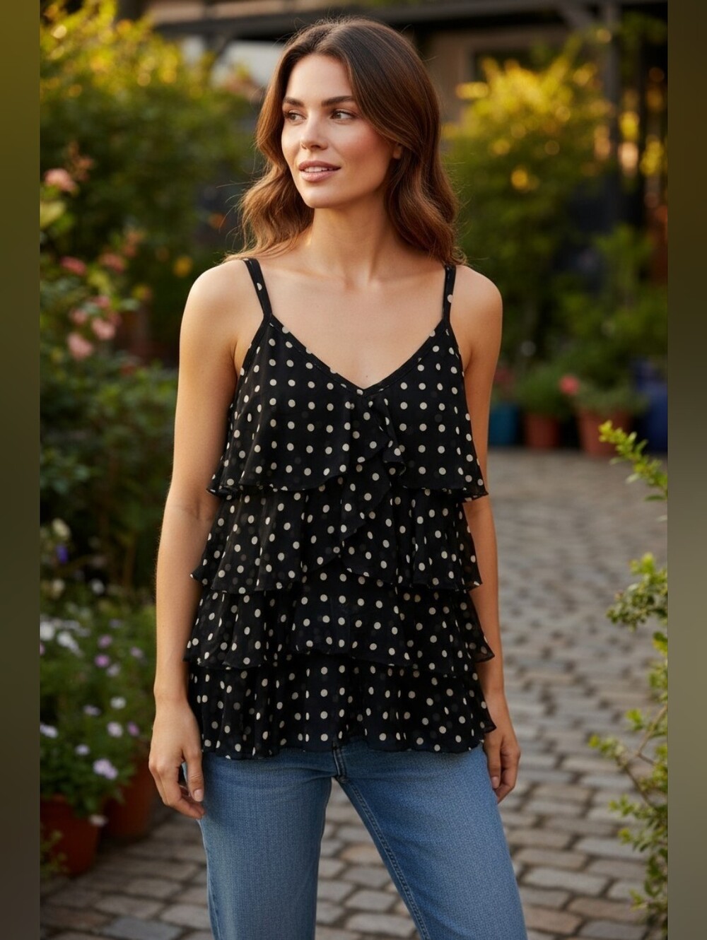 I-N-C Concepts Black & White Polka Dot Spaghetti Strap Blouse Sz L 100% Nylon